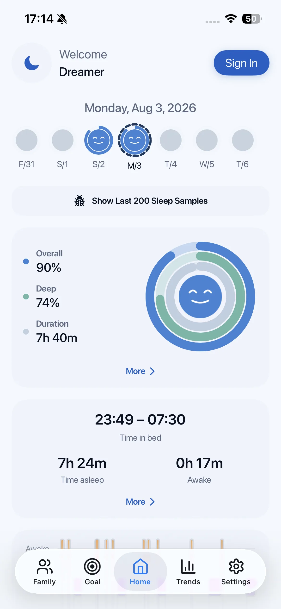 KinSleep Home screen showing a daily sleep summary
