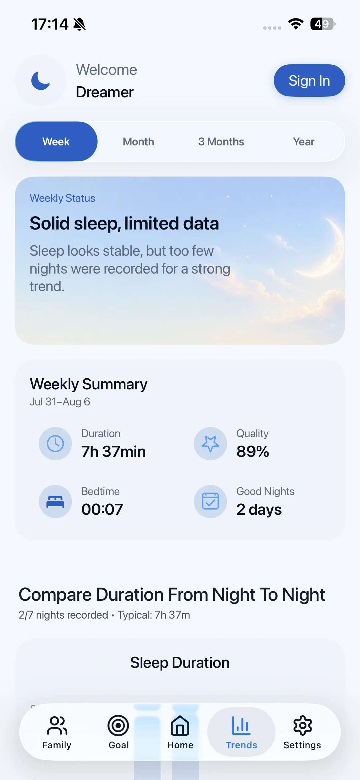 KinSleep Trends screen showing weekly sleep summary and duration comparison